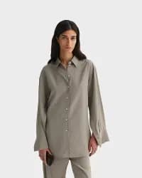 Open Sleeve Çizgili Gri Kadın Gömlek - 4